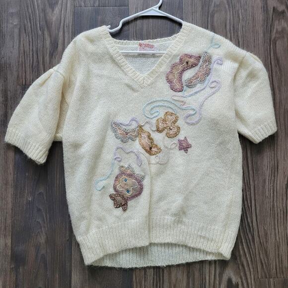Vintage Beldoch Popper Womens Pullover Sweater L Cream Embroidered Short Sleeve - Picture 1 of 7